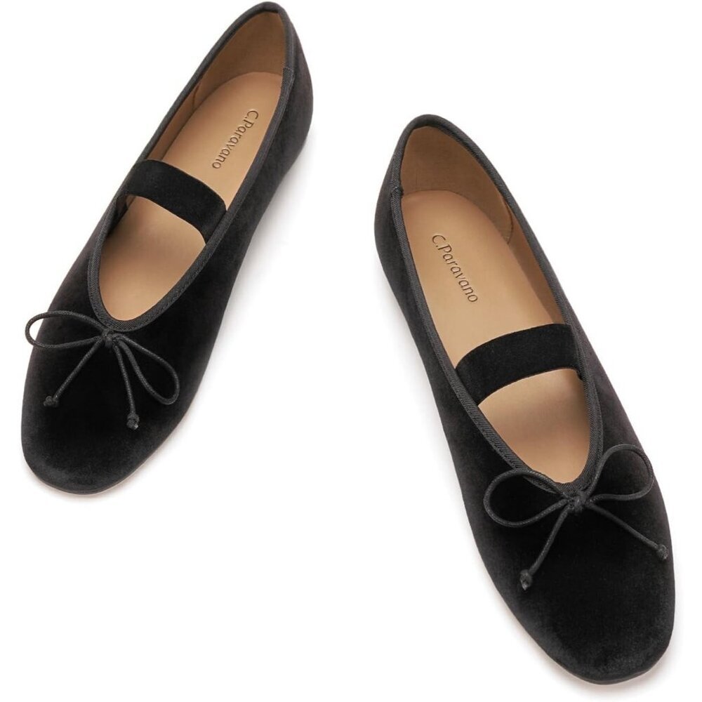 Women's Velvet Bow Black Upper Round Toe Ballerinas Pull On Flats Ballet Shoes